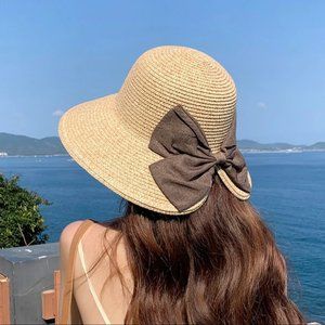 Women straw hats with Bow-Knot adjustable Sunhat SnapBack Fashion Folding